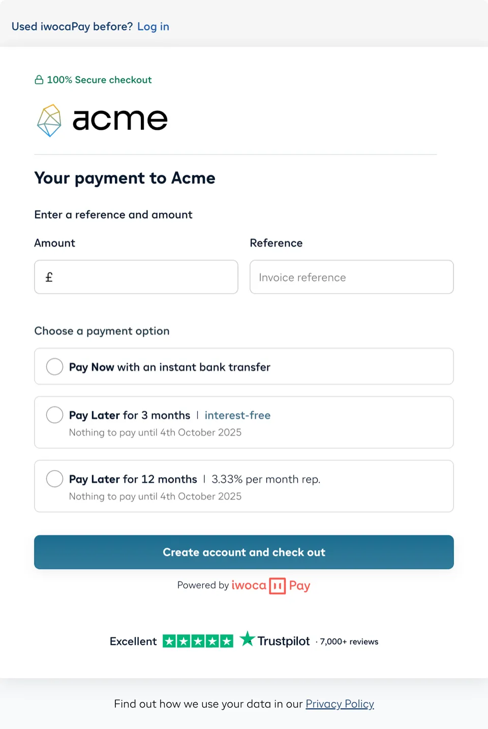 A co-branded iwocaPay checkout showing a custom logo and a teal call-to-action button