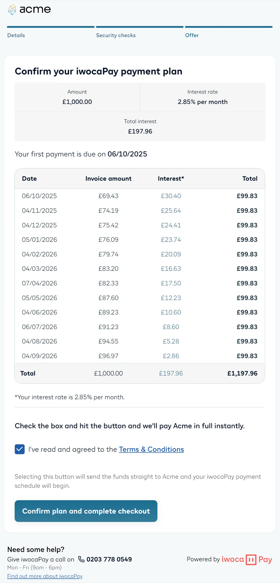 A co-branded payment plan confirmation screen
