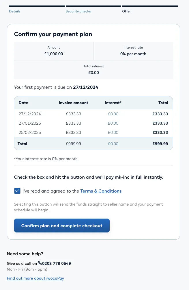 A breakdown of costs for a three-month loan and a button titled "Confirm plan and complete checkout"